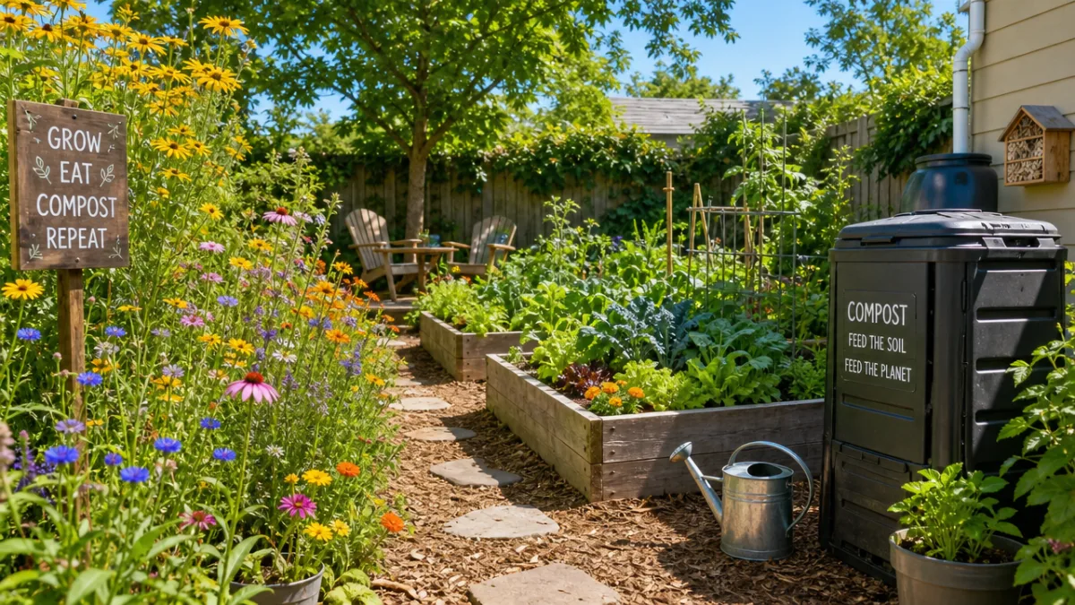 a vibrant sustainable backyard garden with raised beds, wildflower borders, and a…