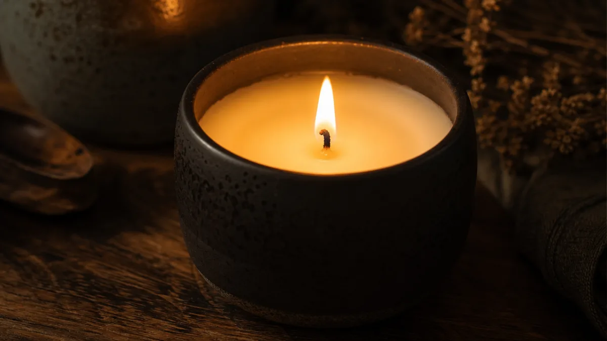 a close-up of a lit soy wax candle in a dark ceramic…