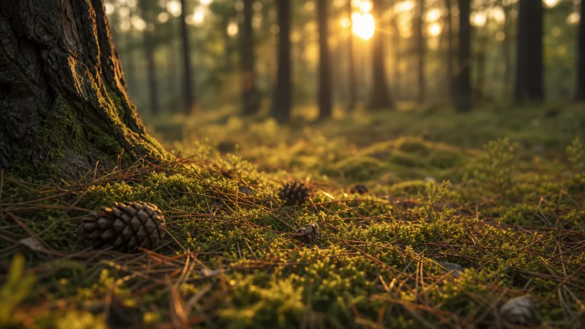 a serene forest floor bathed in soft golden hour light, pine needles…