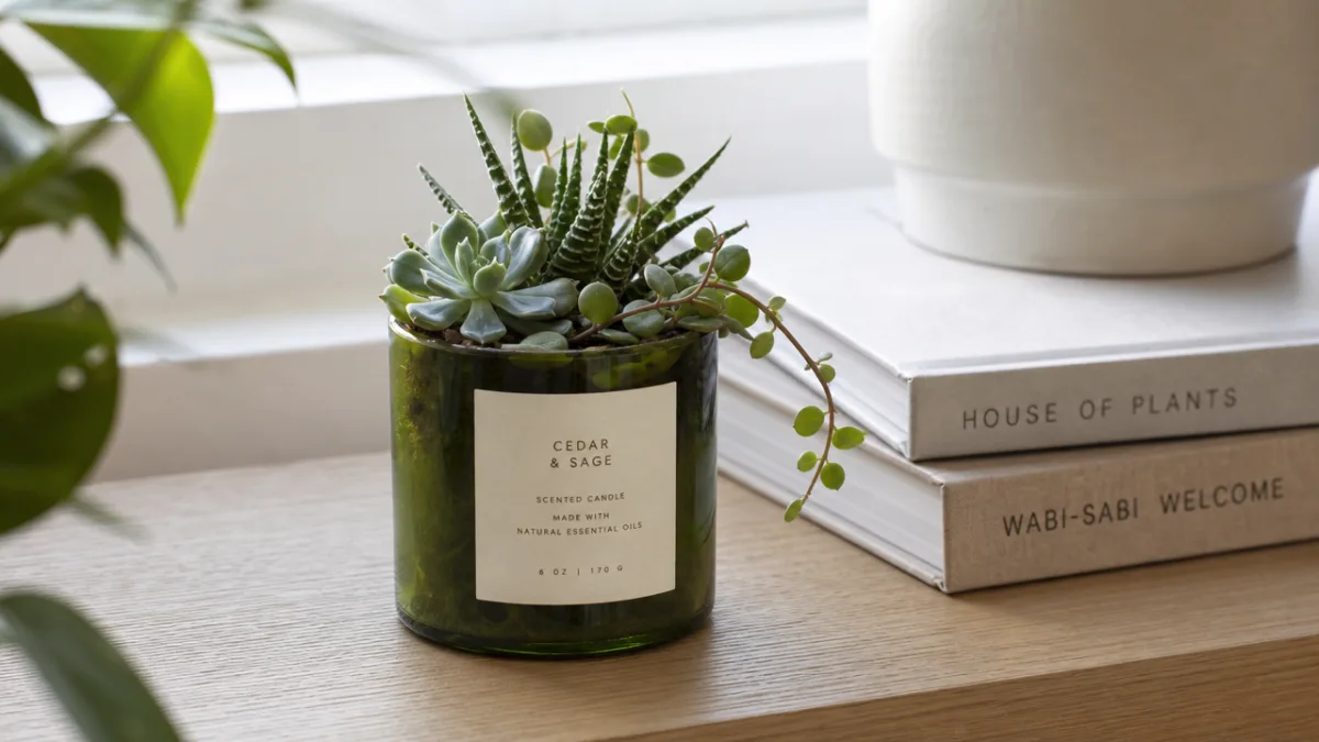 a recycled glass candle vessel repurposed as a small planter with succulents,…