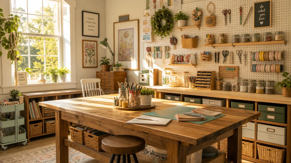 a sun-filled craft room with a large wooden worktable, organized pegboard walls,…
