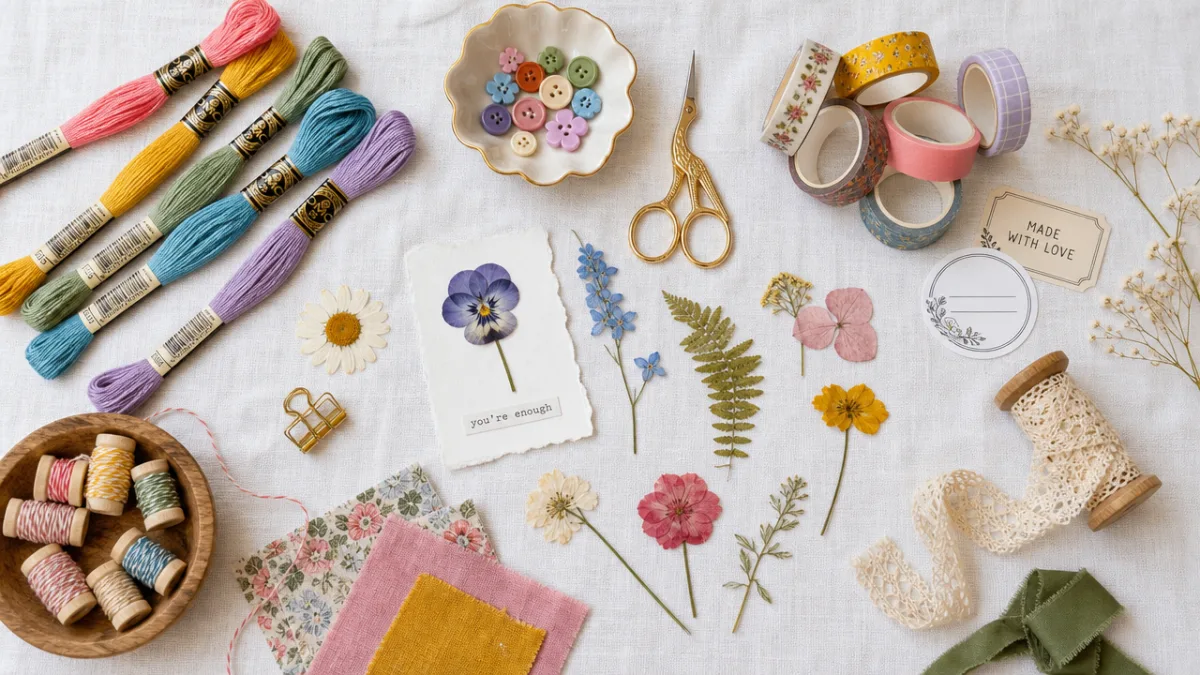 a flat lay of colorful craft supplies including threads, scissors, washi tape,…