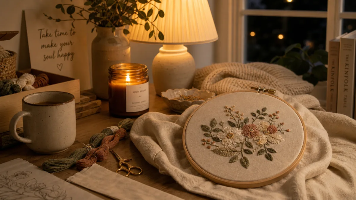 a cozy evening craft corner with warm lamp light, a hand embroidery…