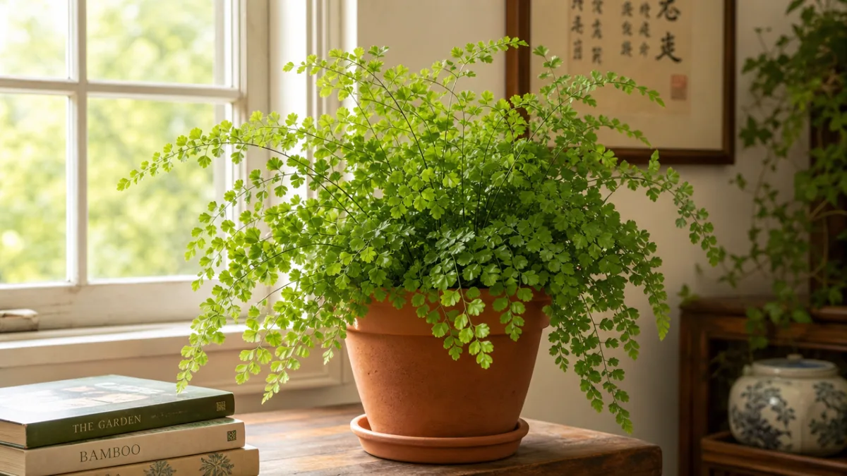a lush green Chinese fern displayed in a terracotta pot near a…