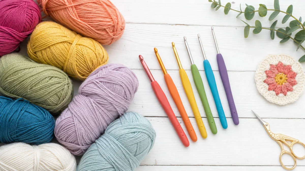 a flat lay of colorful yarn skeins and crochet hooks on a…
