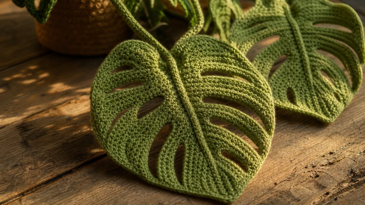 close-up of green crocheted monstera leaves on a rustic wooden table, warm…