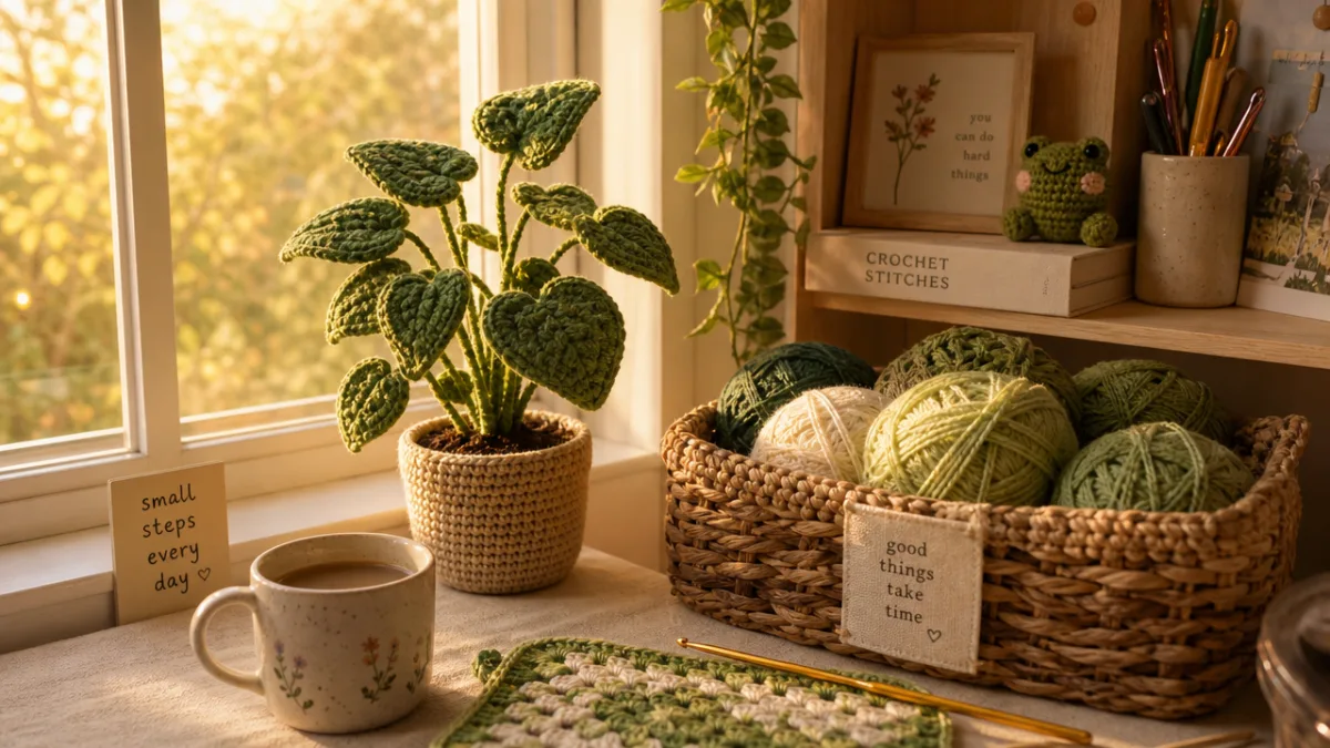 a cozy crafting corner with yarn basket and finished green crochet plant…