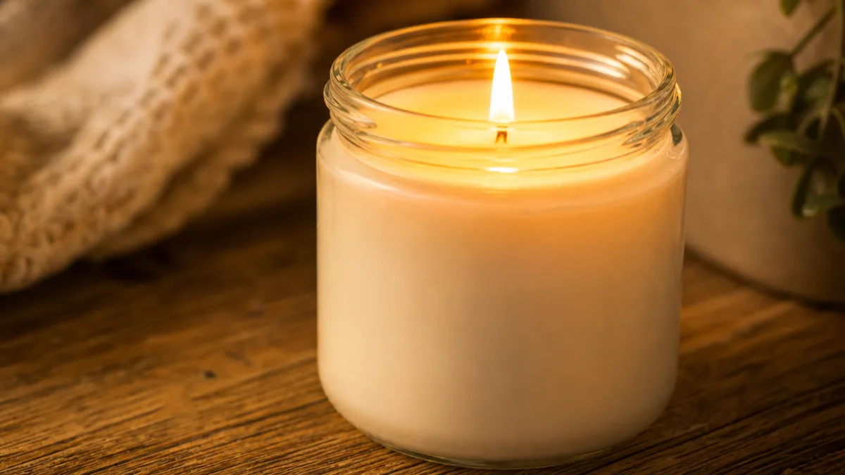 a close-up of a creamy white candle in a glass jar on…