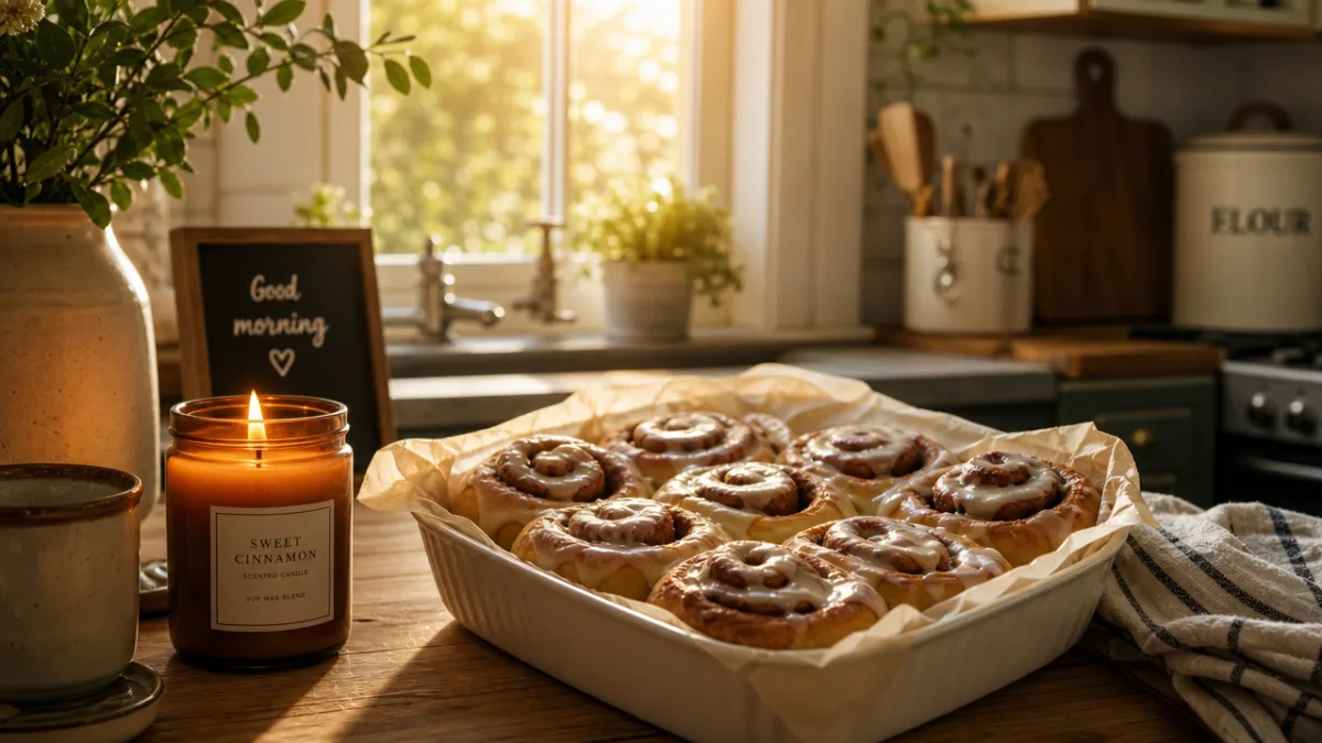 a cozy kitchen scene with a lit candle beside fresh cinnamon rolls,…