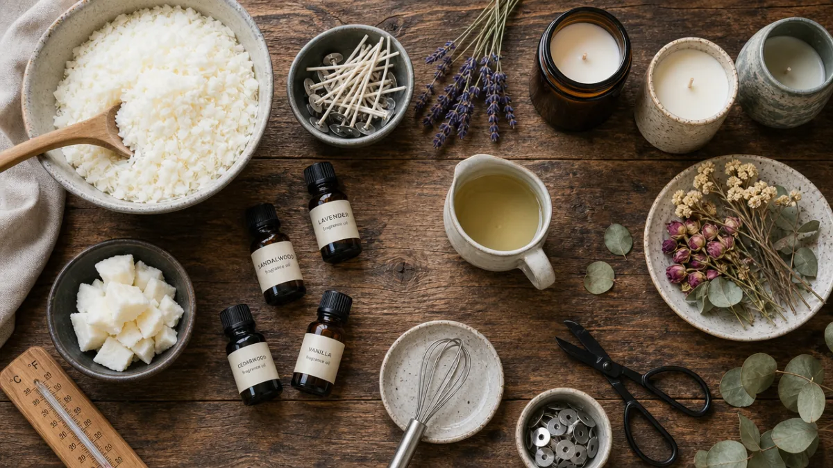 an overhead flat lay of artisan candle-making supplies including wax, fragrance oils,…