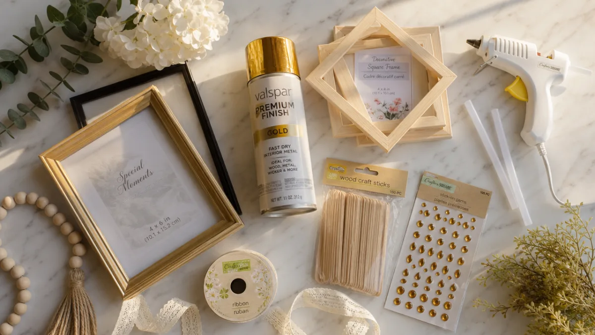 a styled flat lay of dollar store craft supplies, frames, and gold…