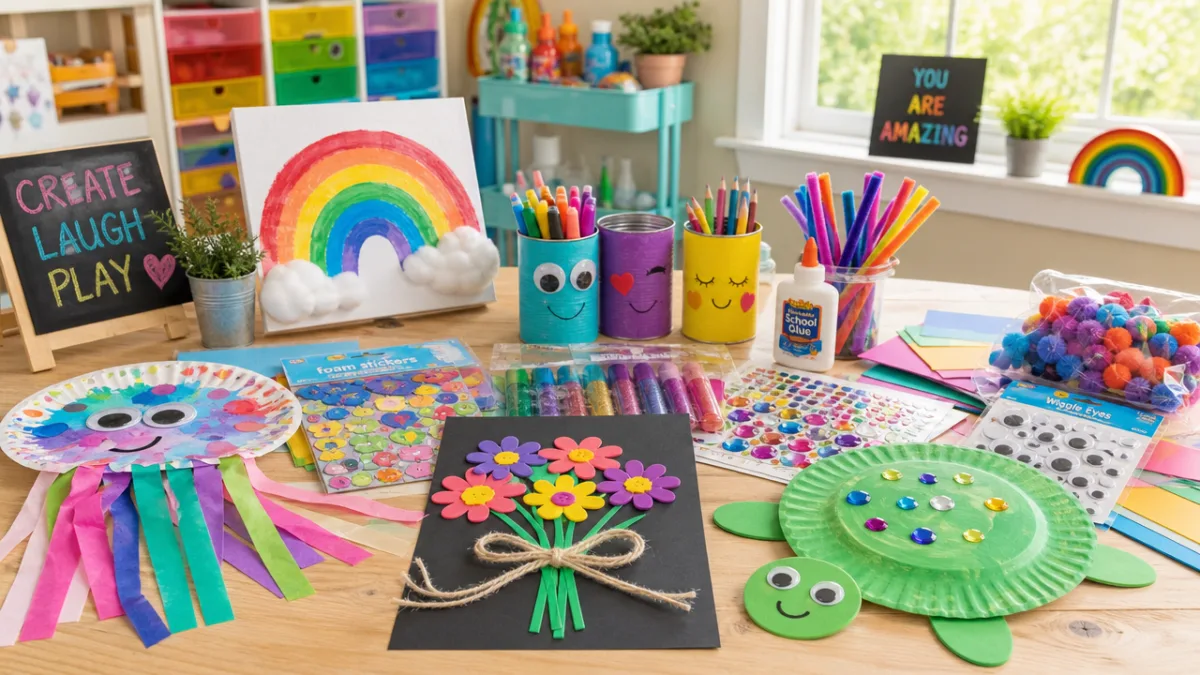 a cheerful children's craft table covered in colorful dollar store supplies and…