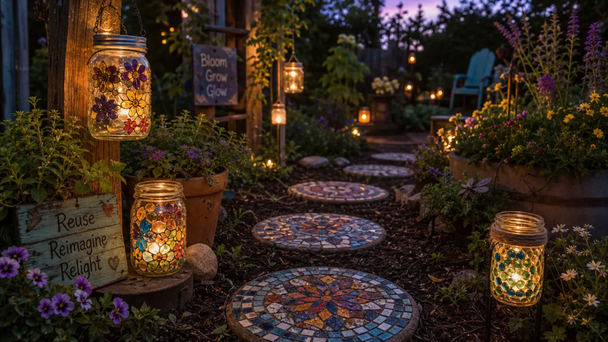 a twilight garden scene featuring glowing upcycled jar lanterns and mosaic stepping…