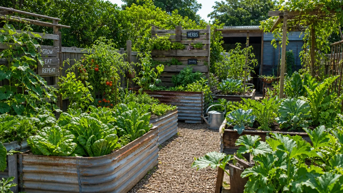 a lush vegetable garden built from reclaimed pallets and corrugated iron beds,…