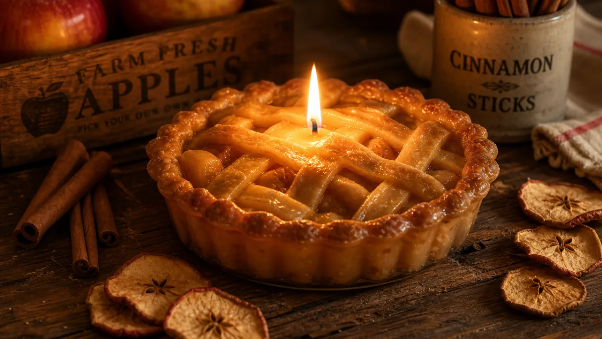 a glowing apple pie candle on a rustic wooden table surrounded by…