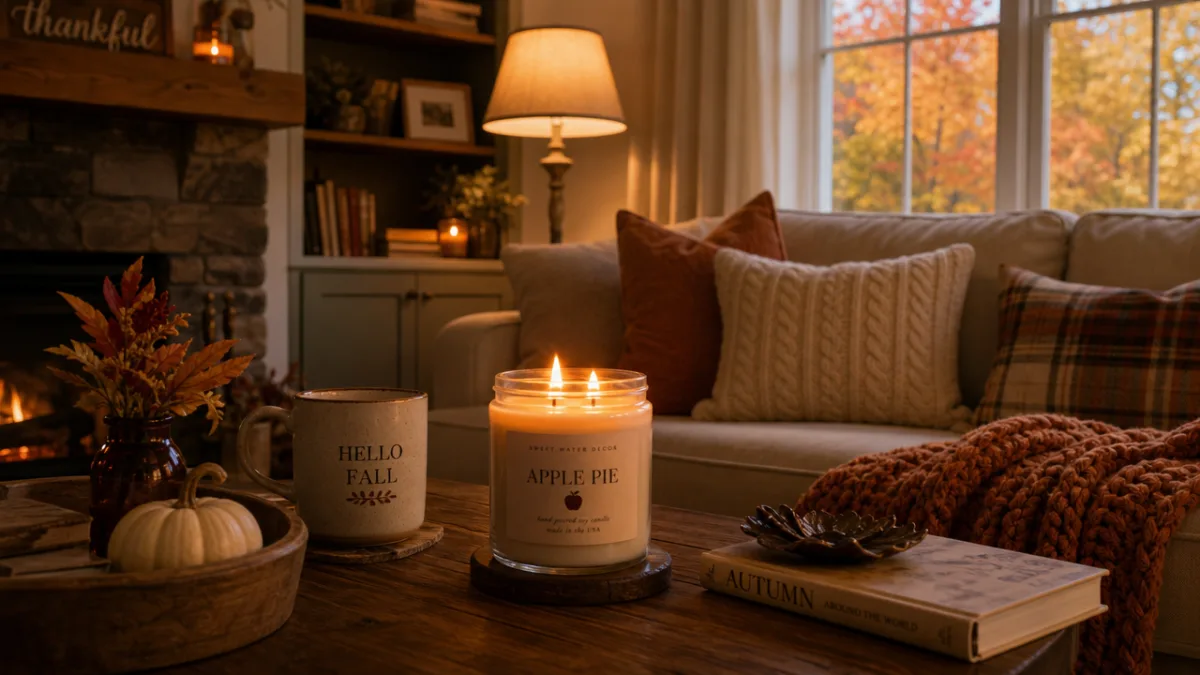 a cozy autumn living room with a burning apple pie candle on…