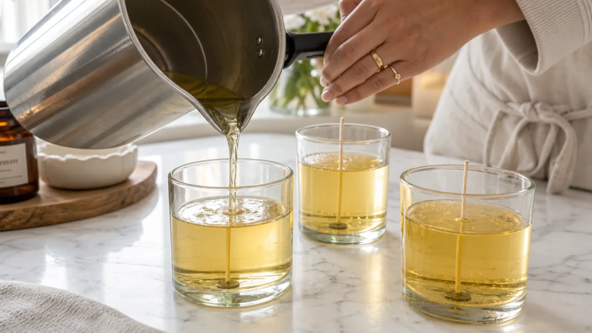 close-up of hands carefully pouring golden wax into glass candle jars on…