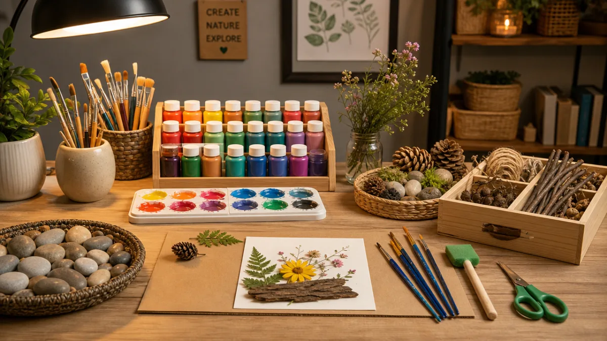 a neatly organized craft table with colorful paints, brushes, and natural materials…
