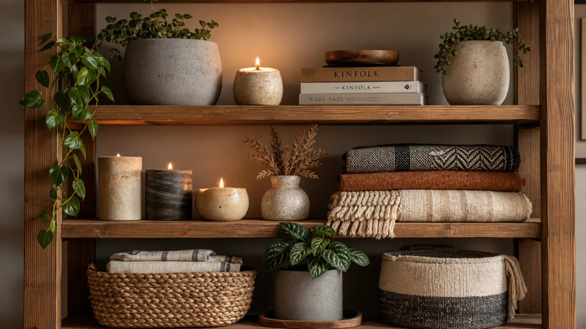a styled wooden shelf with concrete planters, handmade candles, and woven textiles,…