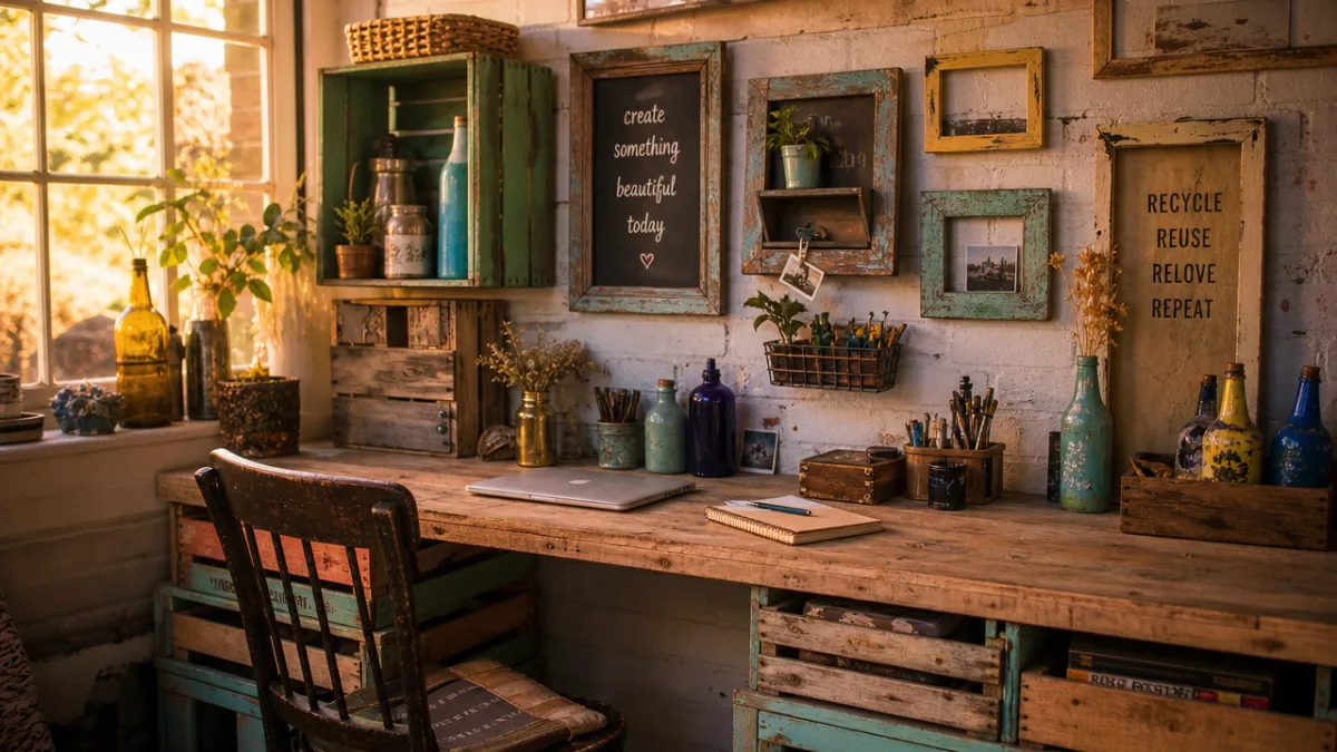 a rustic workspace with upcycled wooden crates, painted bottles, and repurposed frames,…