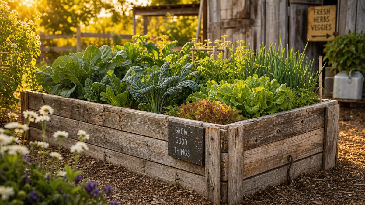 a rustic raised garden bed made from weathered reclaimed wood boards filled…