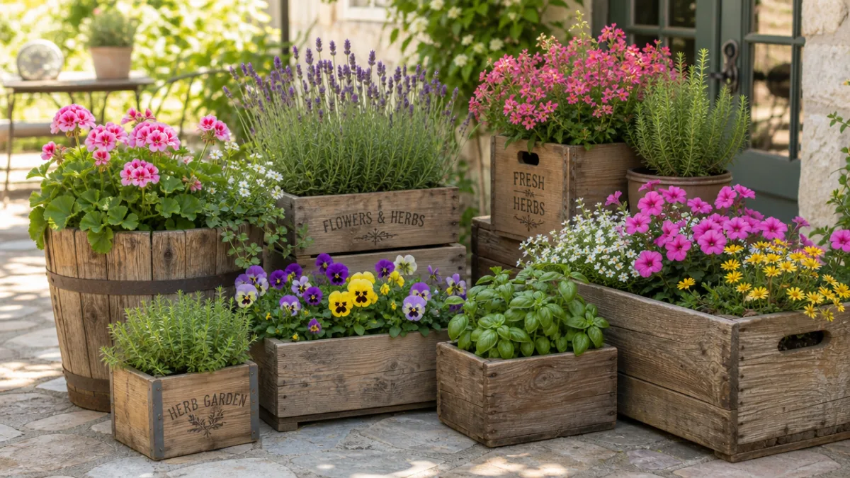 an assortment of rustic wooden planters filled with colorful flowers and herbs…