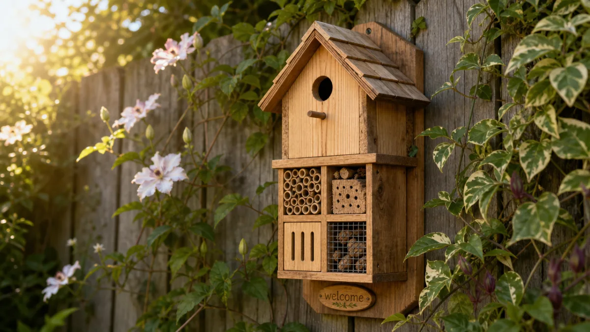 a charming handmade wooden bird box and bug hotel mounted on a…