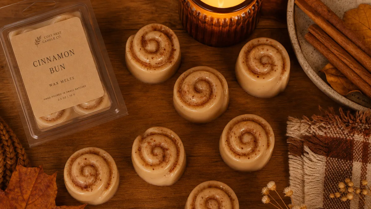 a flat lay of cinnamon bun wax melts on a wooden surface,…