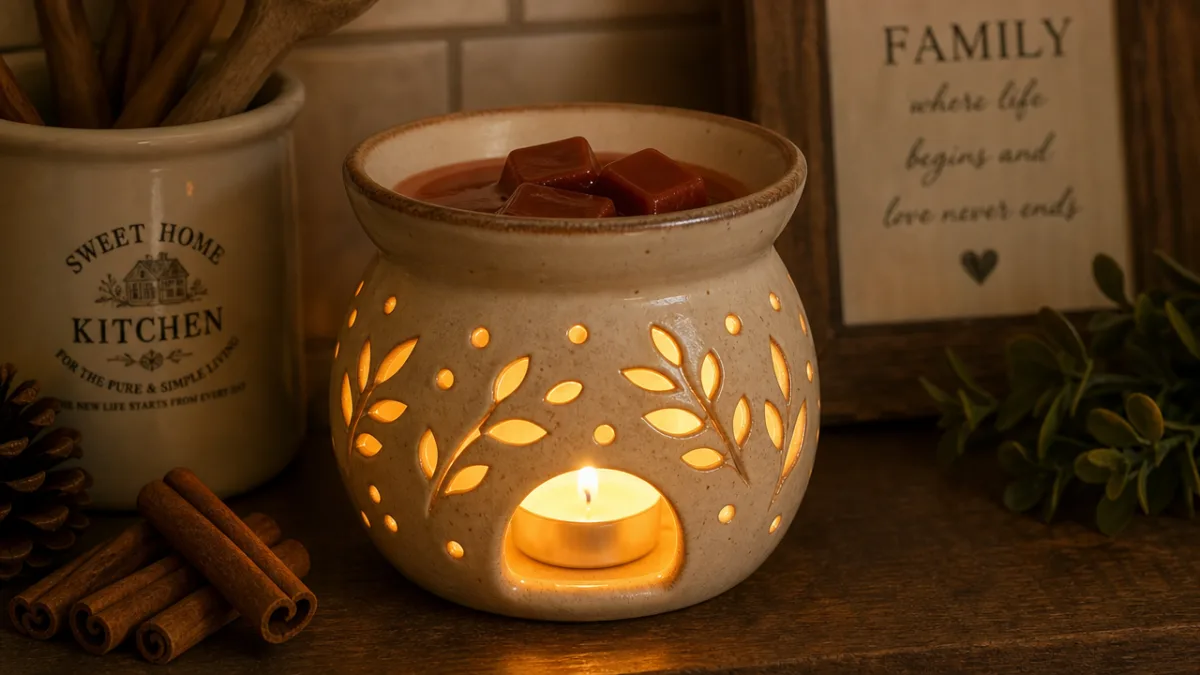 a ceramic wax warmer glowing softly with melting cinnamon wax inside, warm…