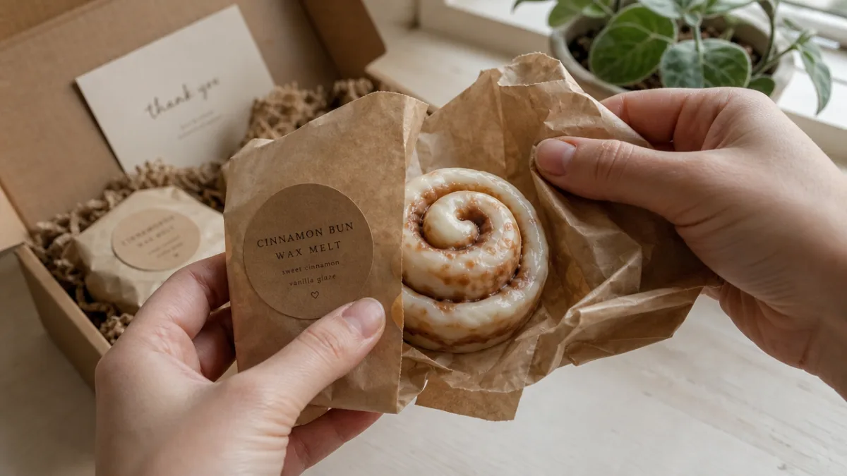 hands unwrapping a food-shaped cinnamon bun wax melt from kraft paper packaging,…