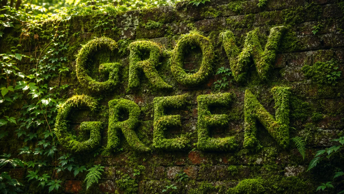 a moss-covered brick wall with green organic lettering in soft dappled outdoor…