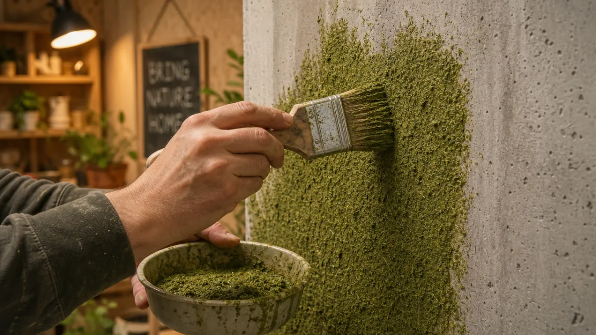 hands applying green moss mixture to a concrete wall with a wide…