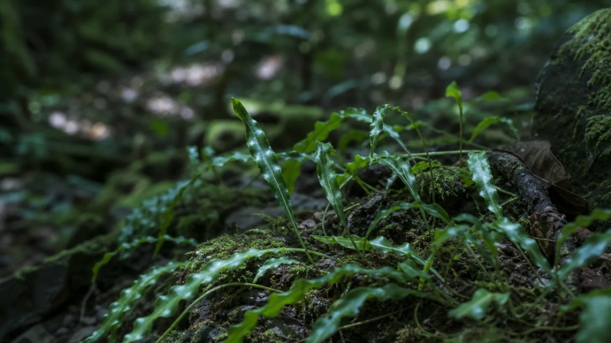 a close-up of delicate creeping grass with wavy-edged leaves on a forest…