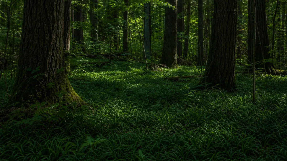 a shaded forest floor with dense low-growing grass covering the ground beneath…