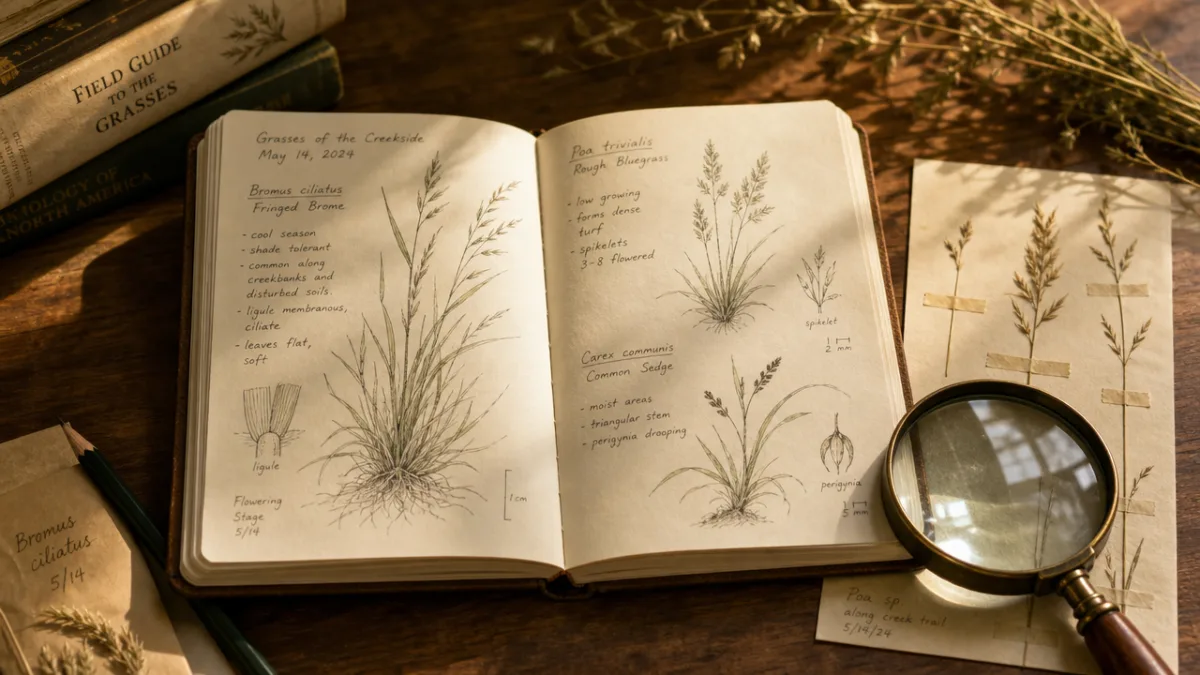 a naturalist's field notebook with botanical sketches of grass specimens beside a…