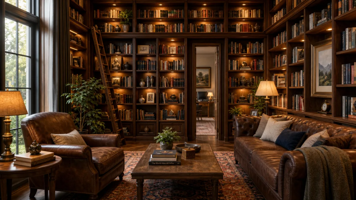 a bright home library with floor-to-ceiling bookshelves, warm golden lighting, rich wood…