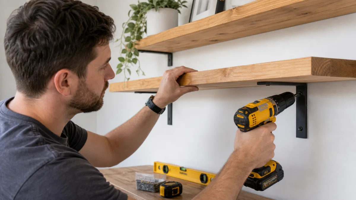 a person installing wooden shelves on a white wall, tools visible, natural…