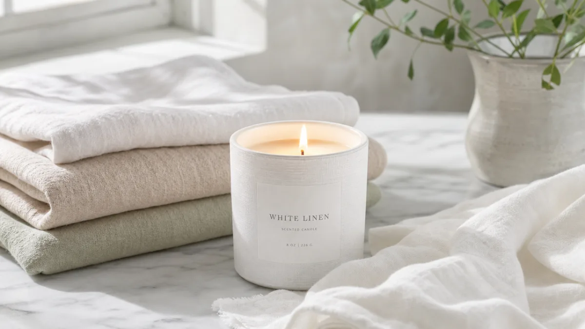 a white linen candle burning on a marble surface surrounded by folded…