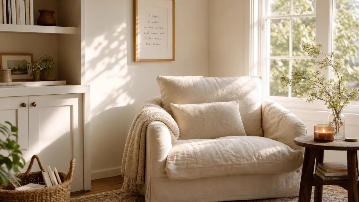 a cozy reading nook with white walls, linen cushions, a burning candle…