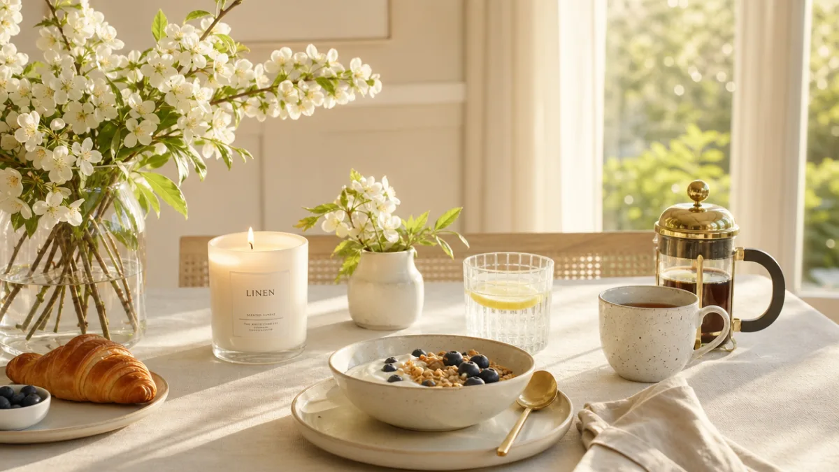 a bright spring breakfast table with white flowers, fresh linen candle glowing,…
