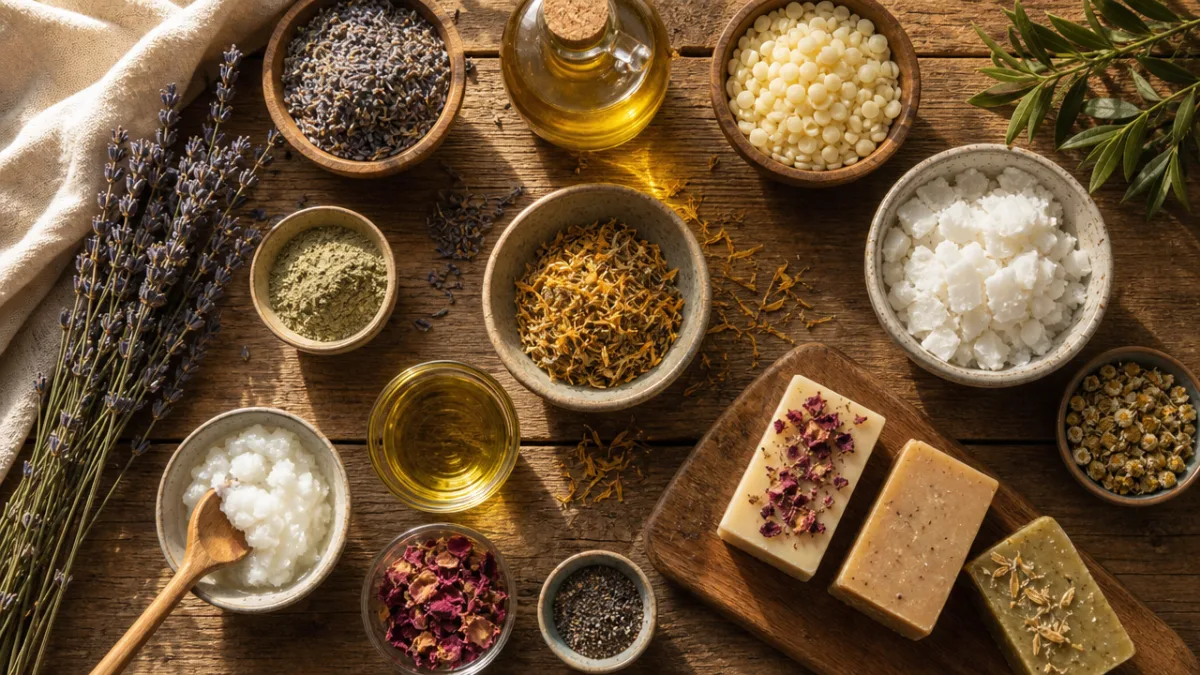 overhead view of natural soap-making ingredients arranged on a rustic wooden table,…