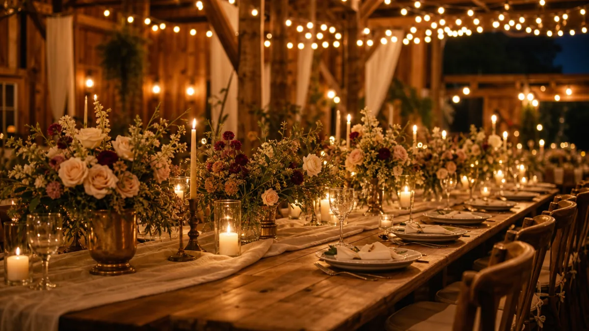 an elegant rustic farm reception table with floral centerpieces and candlelight, warm…