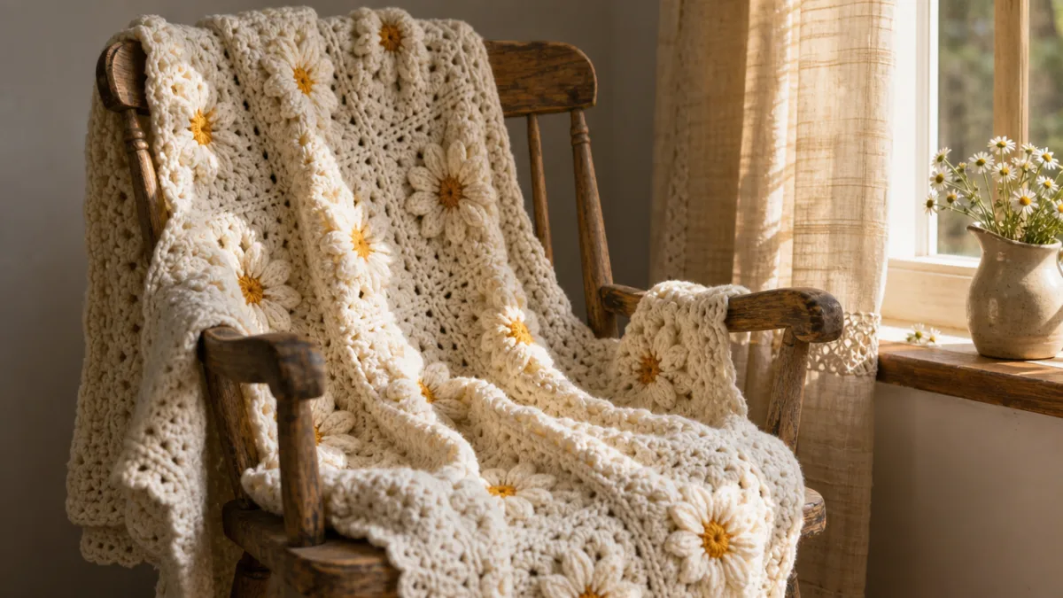 a cozy cream crochet blanket with daisy texture draped over a rustic…