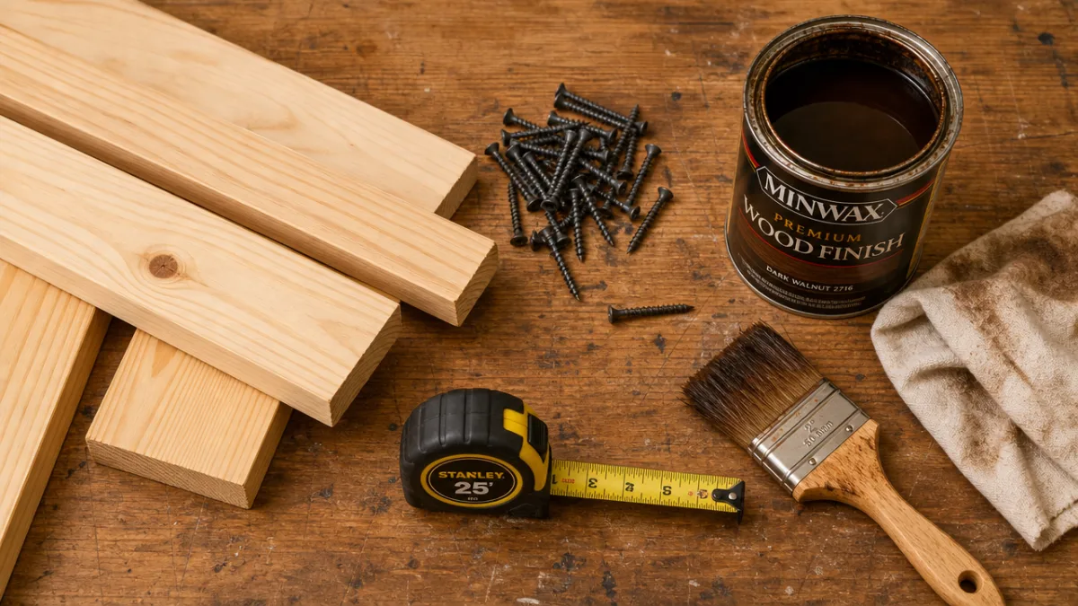 a flat lay of raw pine lumber, screws, a tape measure, and…