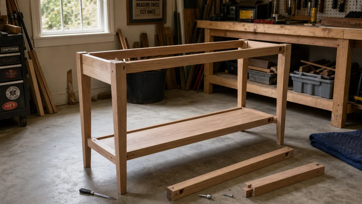 a partially assembled wooden sofa table frame in a garage workshop, soft…