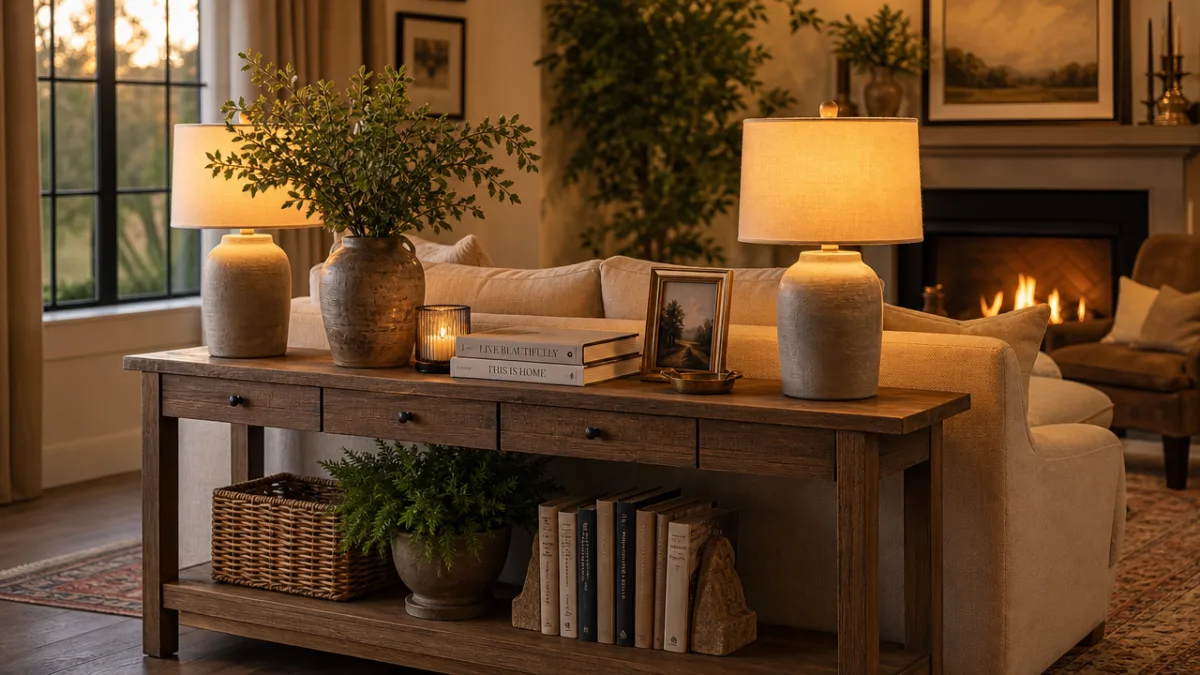 a styled sofa table with lamps, books, and greenery in a cozy…