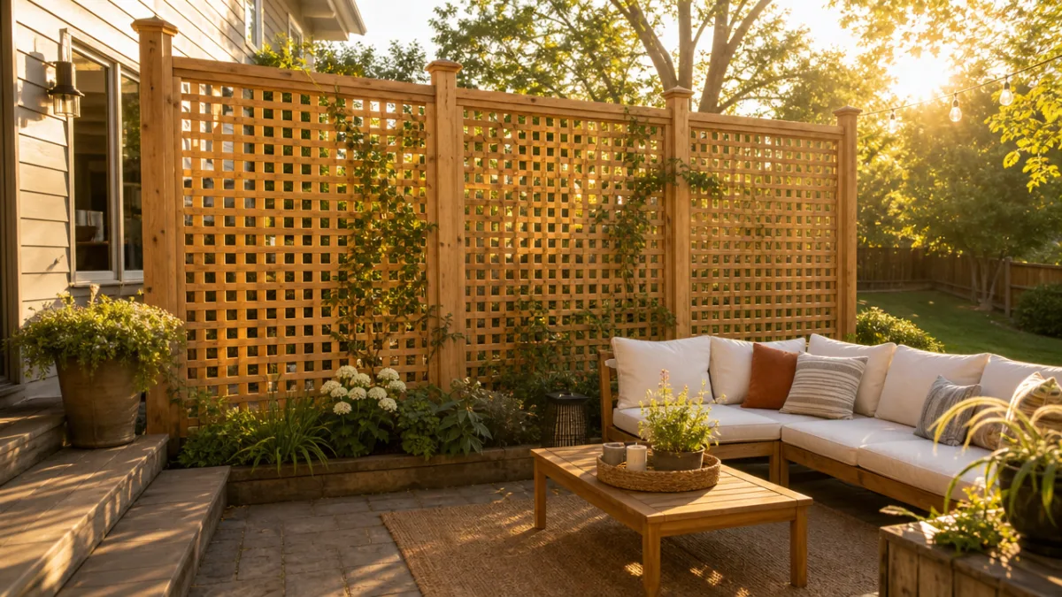 a sun-drenched backyard patio with a freshly built wooden lattice privacy screen,…