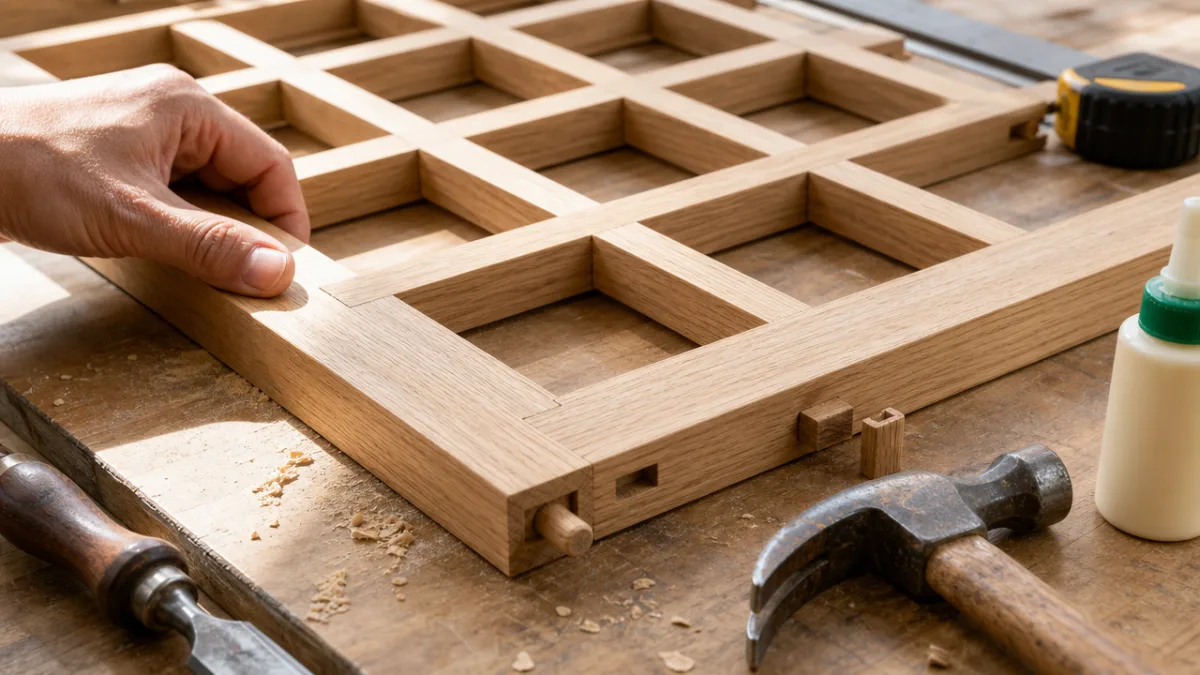 close-up of wooden lattice panel being assembled with tools on a workshop…