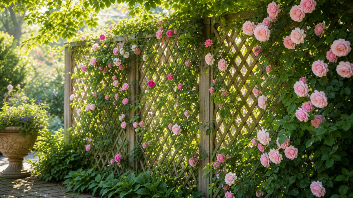 a lush garden lattice privacy screen covered in climbing roses and green…