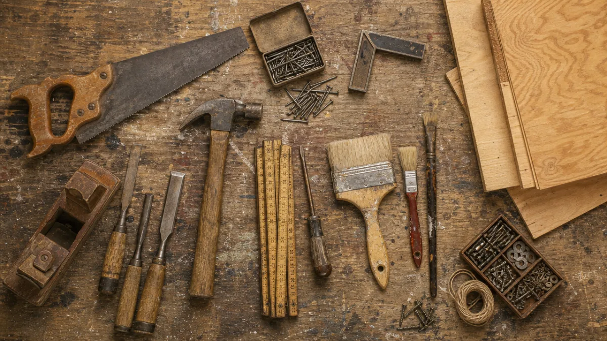 a flat lay of vintage woodworking tools, paint brushes, hardware, and plywood…